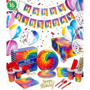 Tie Dye Birthday Party Kit for 16 Guests Plates Cups Napkins Banner Tablecloth